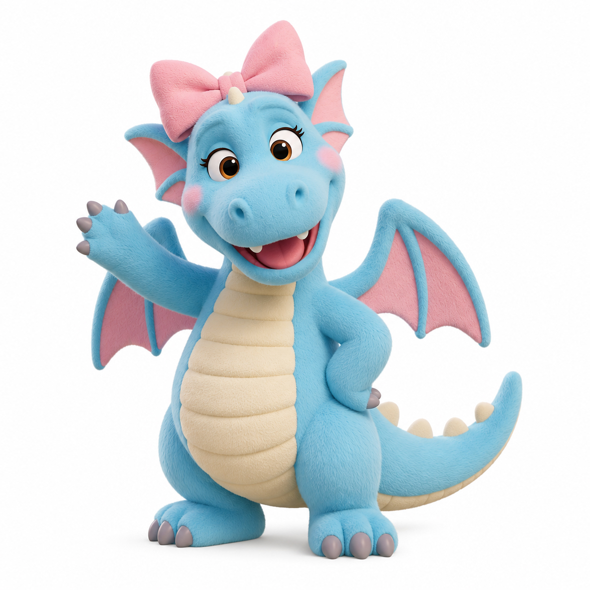 Nubi, a fluffy pastel blue dragon with a pink bow, waving hello