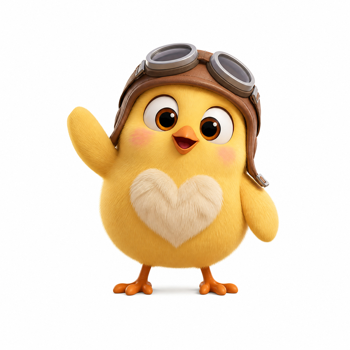 Pepo, a fluffy yellow chick with an aviator cap, waving hello