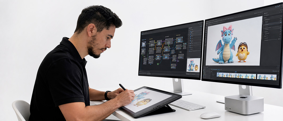 Richard Cichero at Cichero Studios, sketching Pepo and Nubi with the animation pipeline on screen