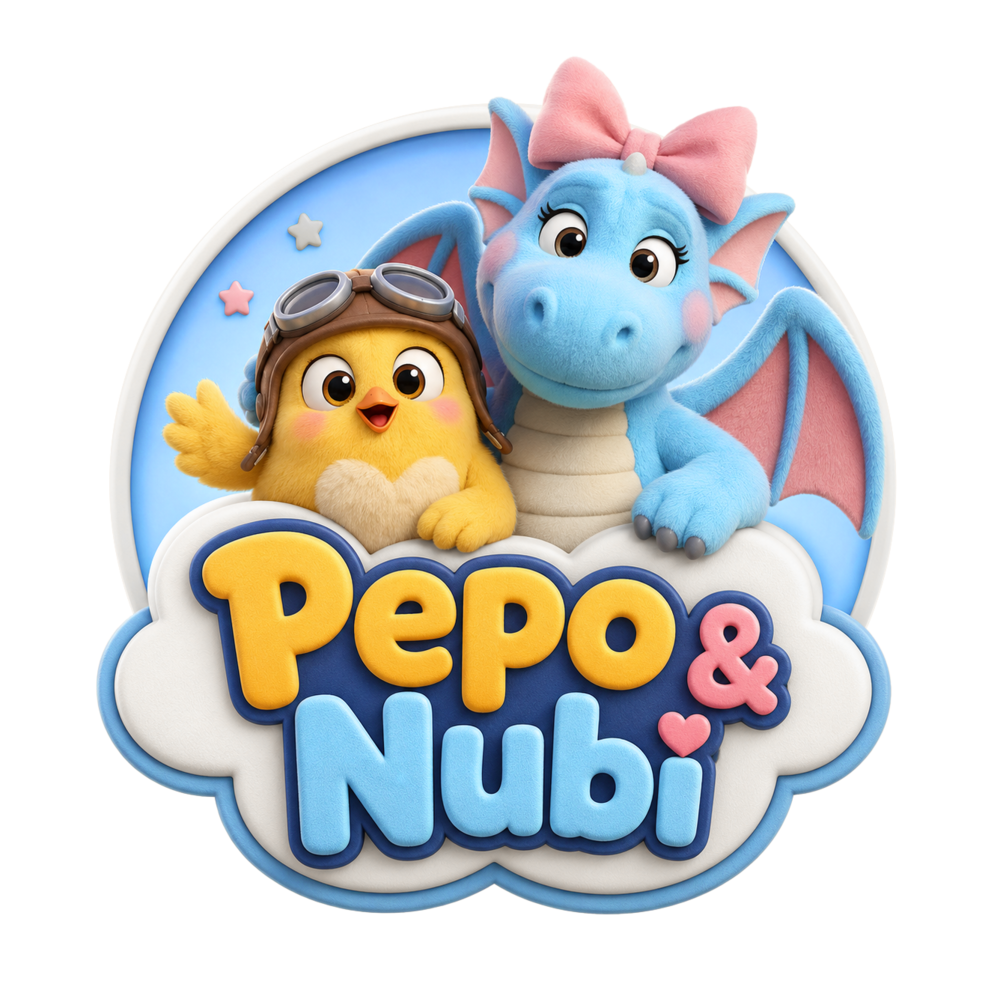 Pepo & Nubi logo: a little chick with an aviator cap and a fluffy blue dragon on a cloud