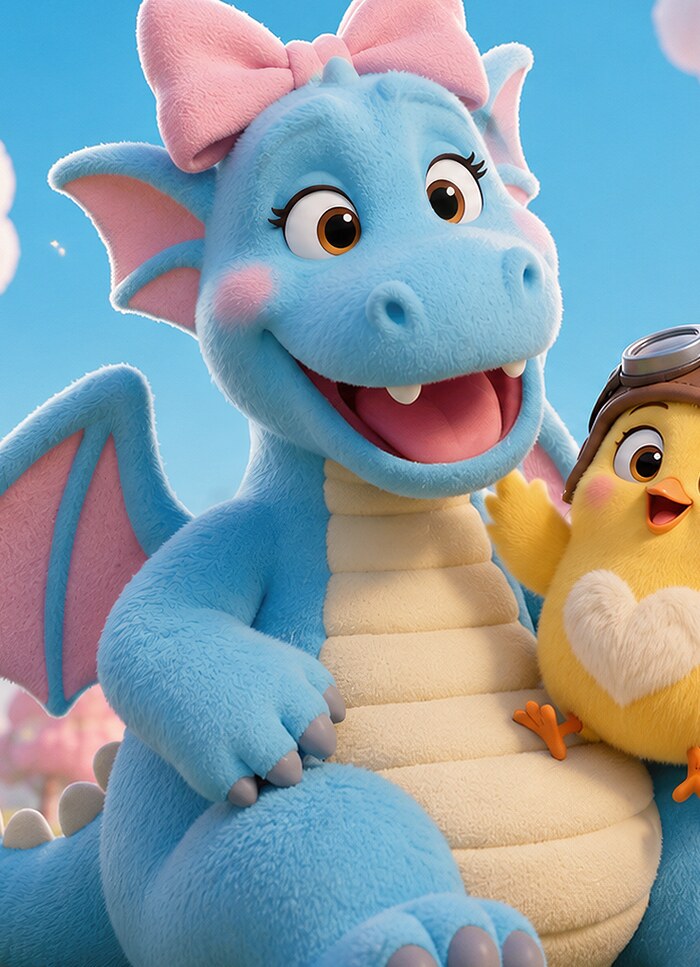 Nubi, a fluffy pastel blue dragon with a pink bow