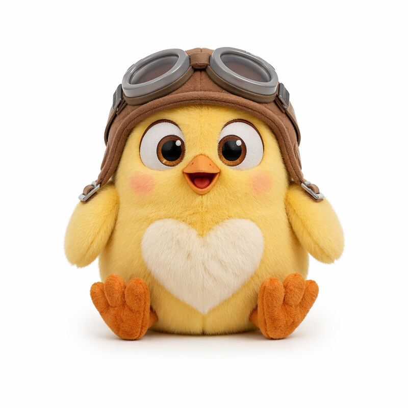 Pepo plush toy with embroidered eyes and a soft aviator cap